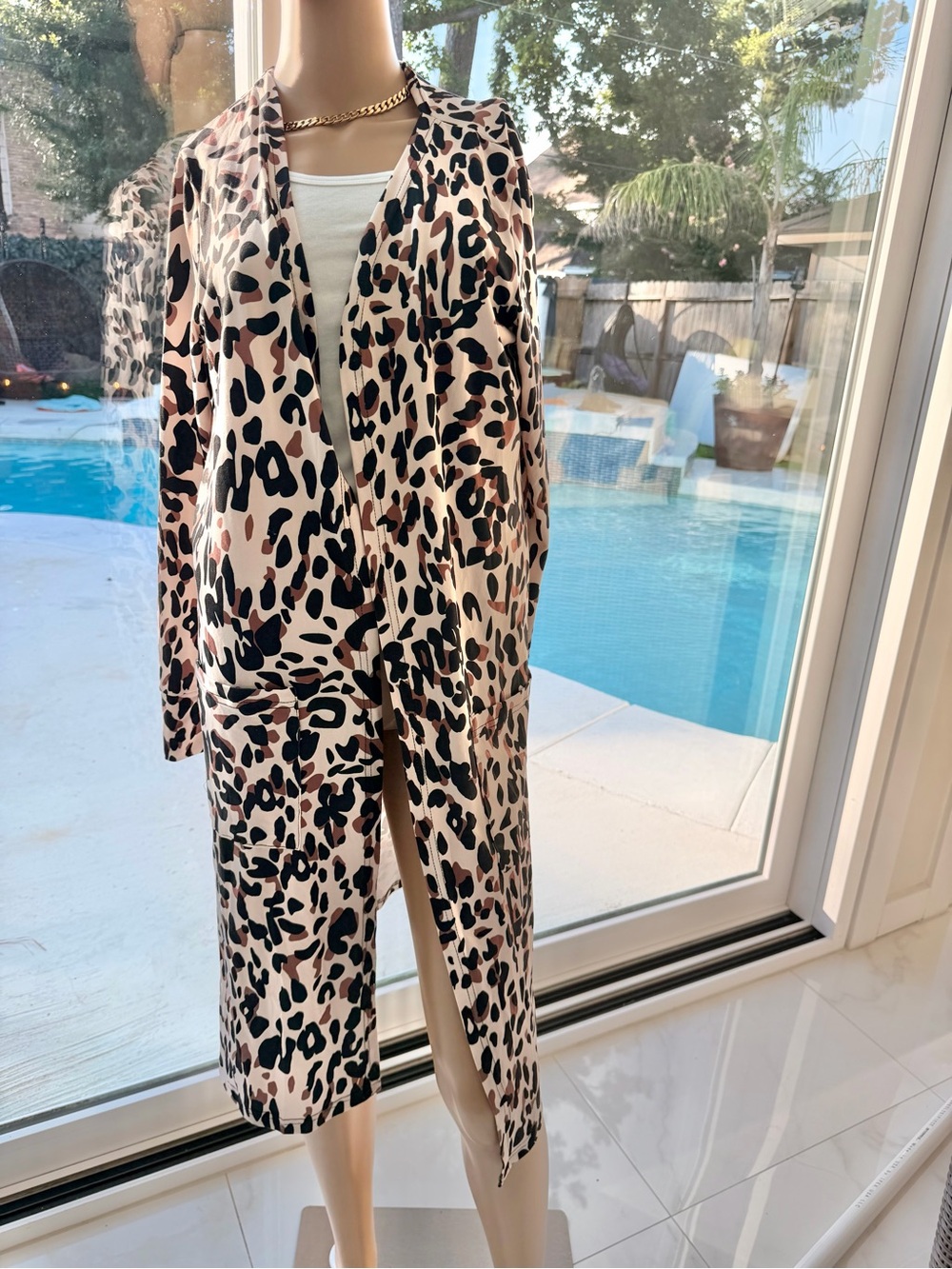 Leopard Print Open-Front Tunic Duster - Pink/Black